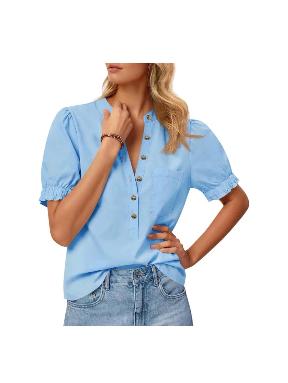Womenโs Light Blue Button Henley Puff Sleeve Top